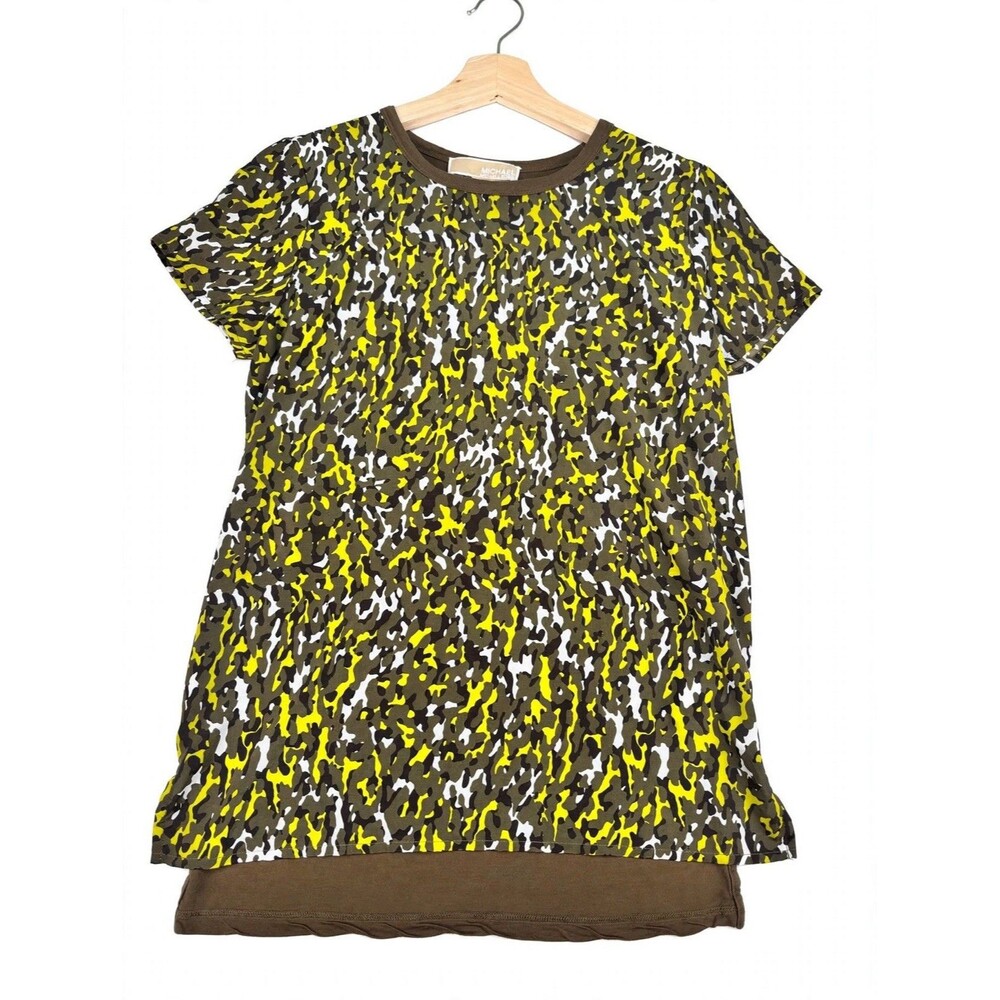 Michael Kors Top S Olive Yellow Camo Layered Short Sleeve Tunic